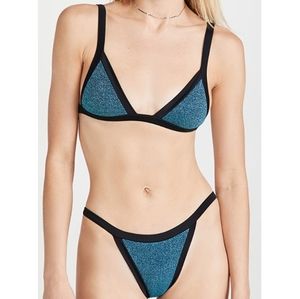 Oseree Teal Glitter Triangle Bikini with Black Trim